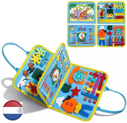 Montessori Activiteiten Boek - Nederlands - Busy Board - Perfect voor op Vakantie - Klok lezen - Motoriek Map voor Thuis en Onderweg - Leren Veter Strikken - Activiteitenboek - Vaardigheden Kinderen - Educatief Spel - Dinosaurus blauw